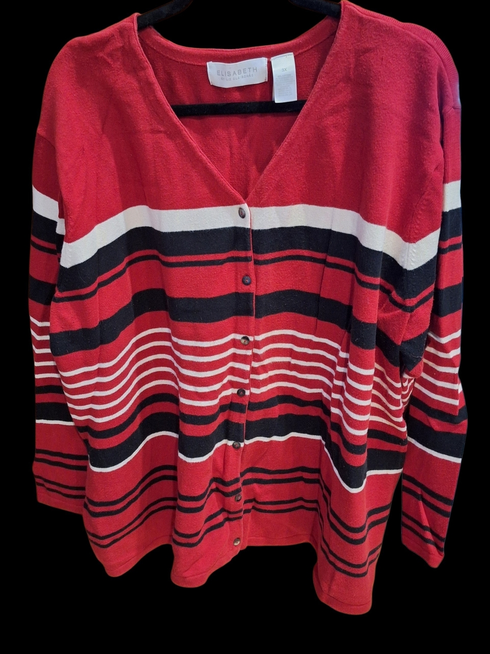 Liz Claiborne Red, Black & White Striped Button-Front Cardigan